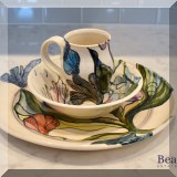 P57. 3-Piece hand painted plate, bowl and mug by Saloman. Plate is 12”w - $48 